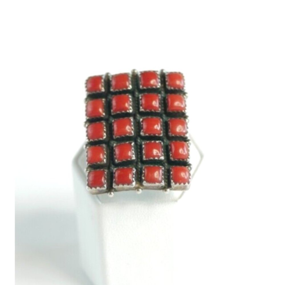 Native American Red Coral Channel‎ Stone Sterling Silver Ring Rare
